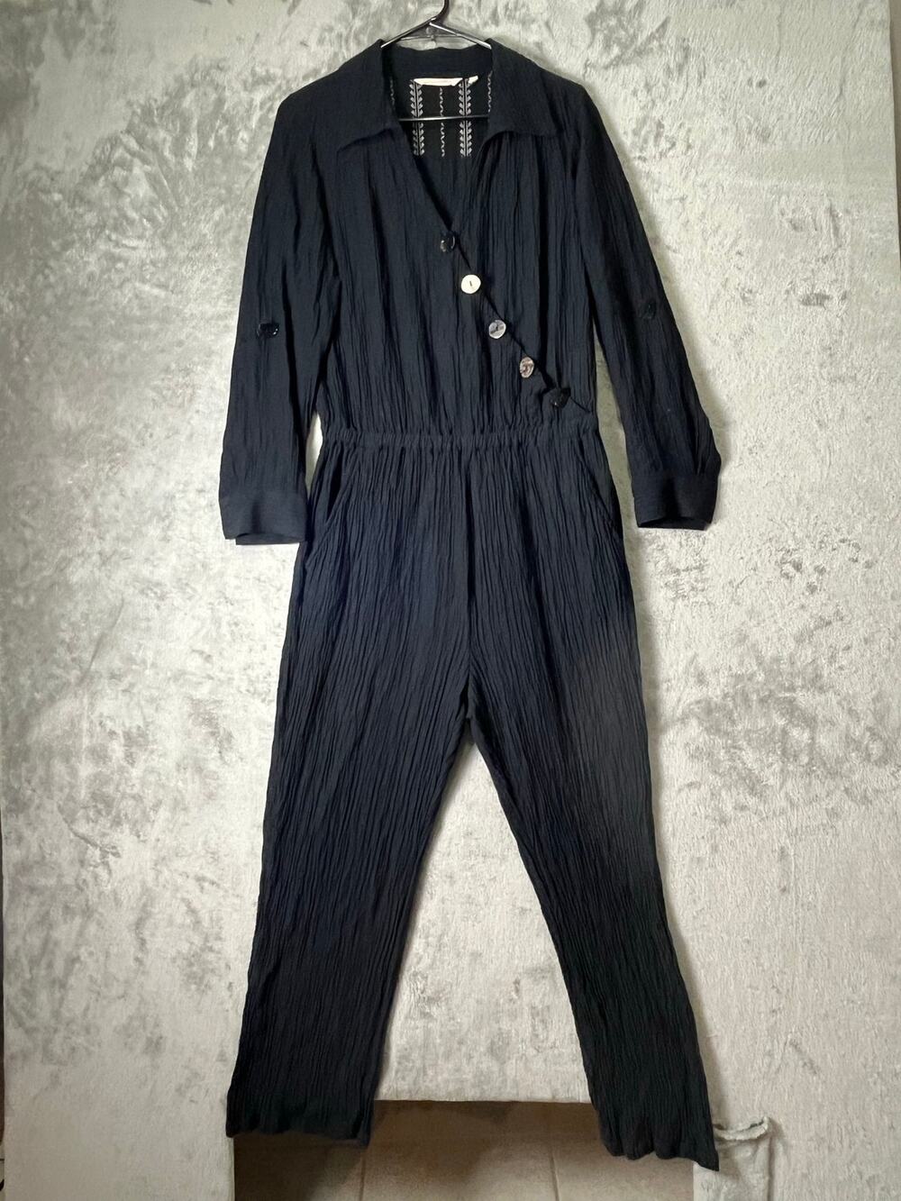 Soft Surroundings Black Crinkle Button Front Jumpsuit Boho Artsy Lagenlook MP